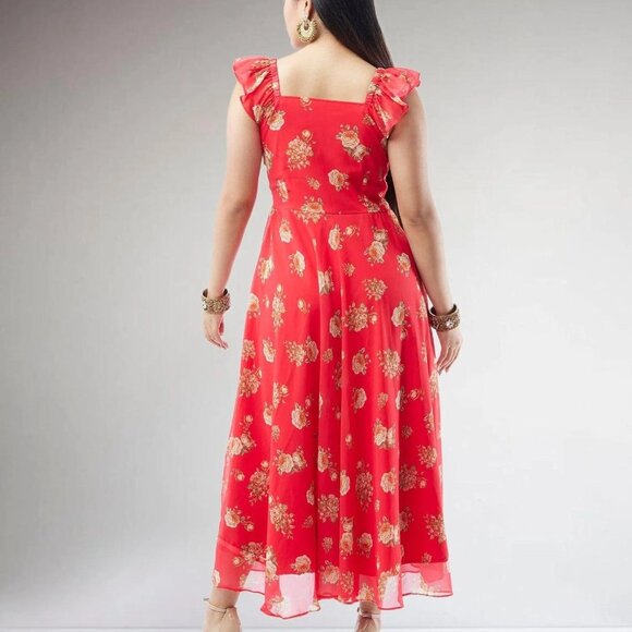 Red Printed Chiffon Ankle-Length Dress | Muvvas Boutique - Picture 5 of 5